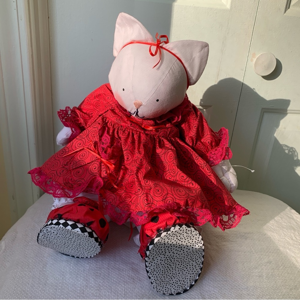 Vintage Cat Plush Toy, Handmade Stuffed Cat in Red Dress